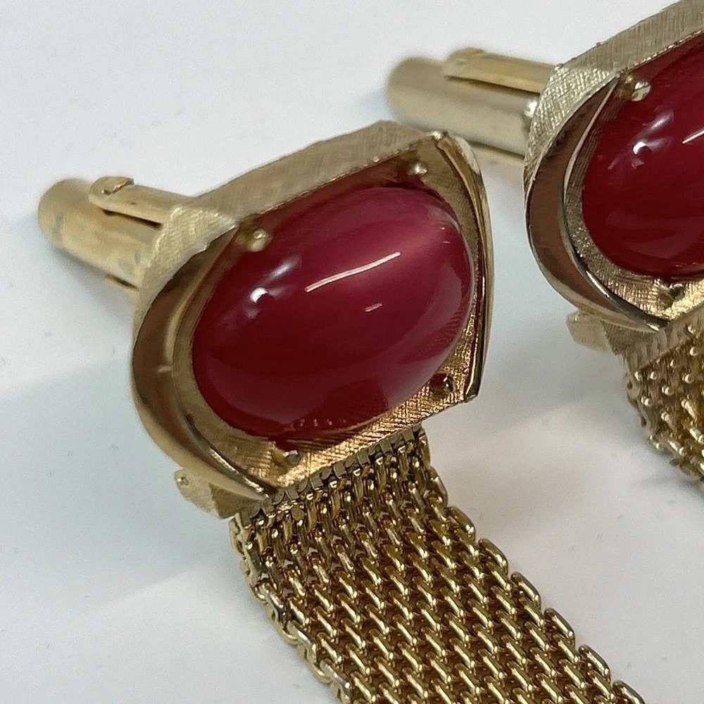 Swank Pink Moonglow & Gold Tone Cuff Links Signed Vintage Oval Gem Clasp Stamped